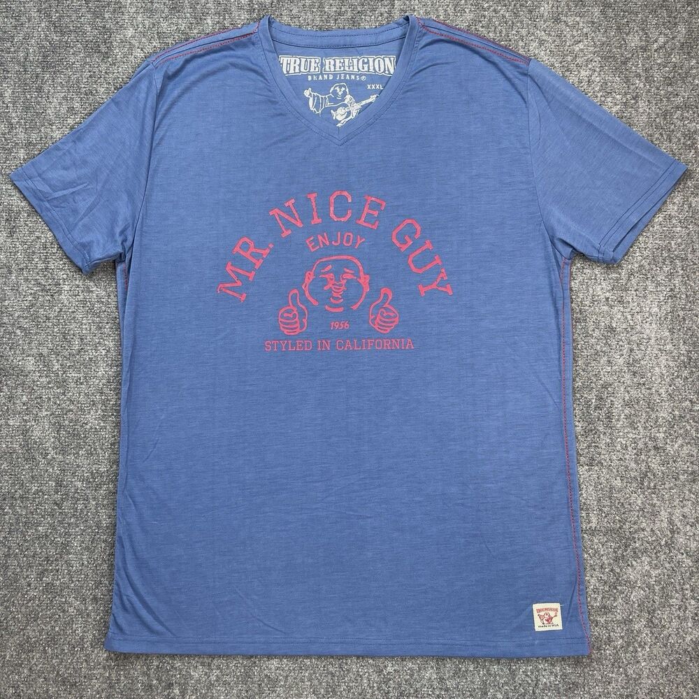 True Religion T Shirt Adult Size XXXL 3XL Mr Nice Guy Logo Blue V Neck